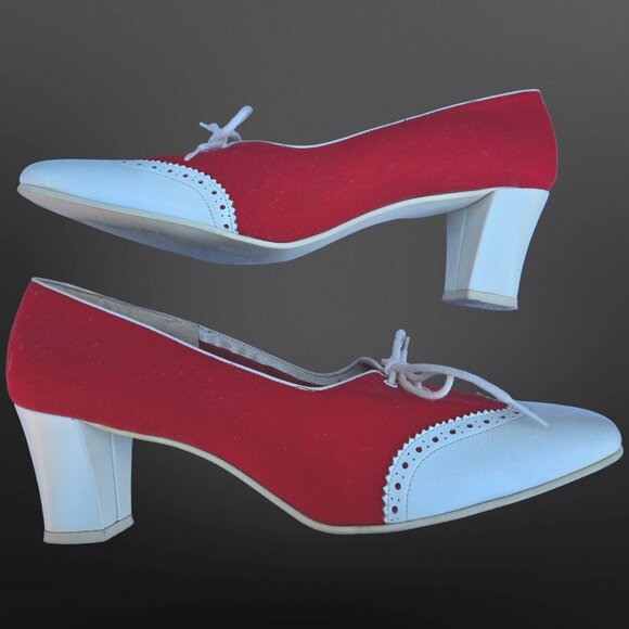 Vintage Socialites Spectator Heels Pumps Size 8 Red White 70s Does 40s Lace Up - Picture 10 of 11